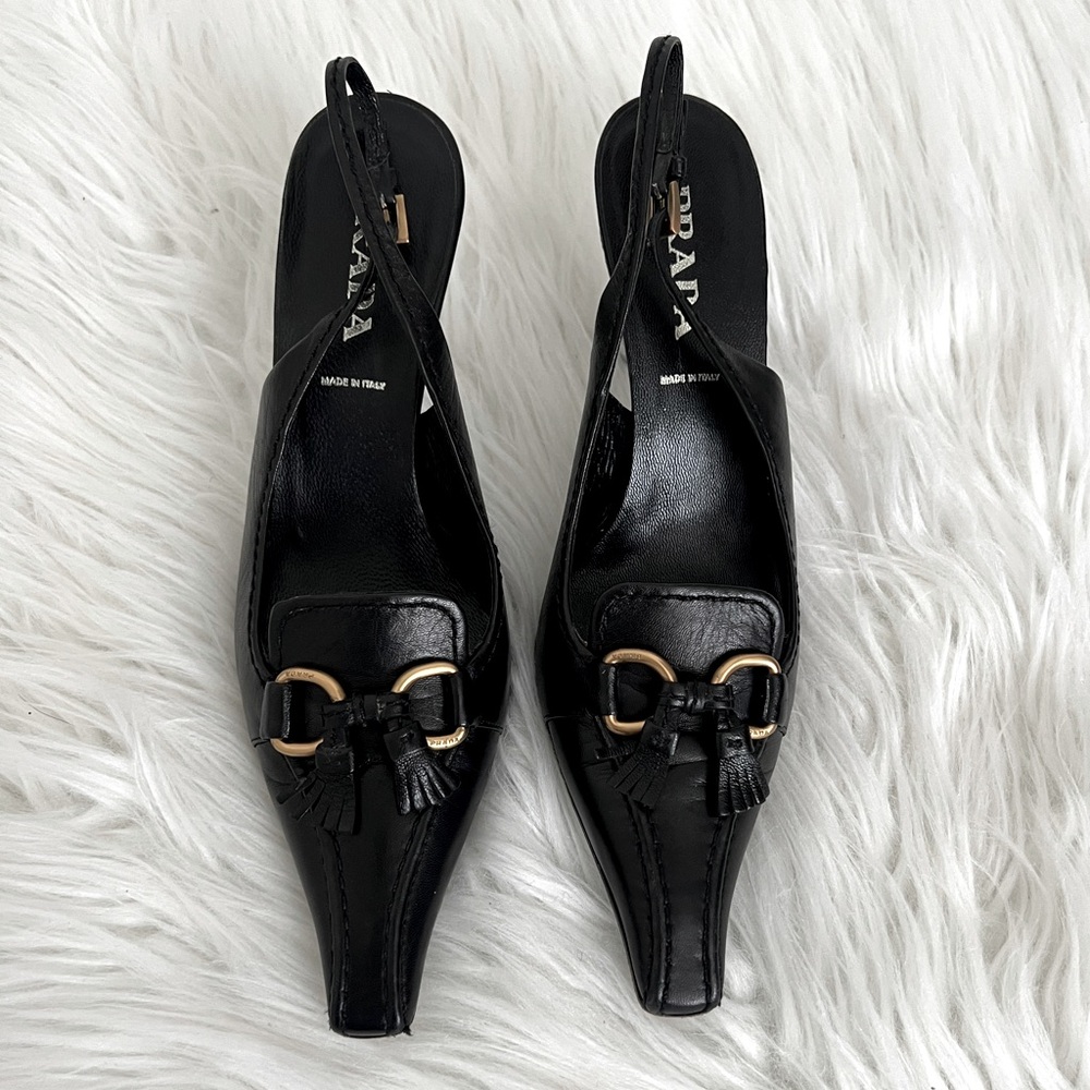 Prada Black Leather Tassel sling backs